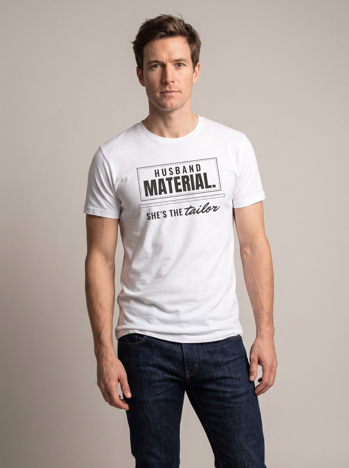 Husband Material. She's the Tailor. tee in White — front [kk-studio]