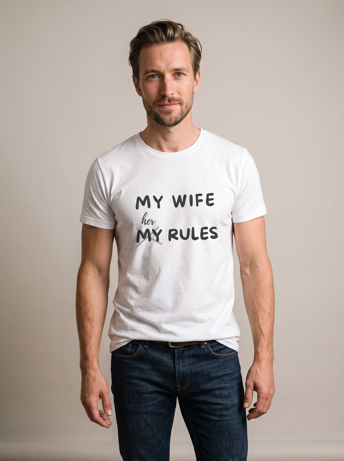 My Wife, Her Rules tee in White — front [kk-studio]