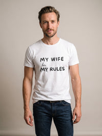 My Wife, Her Rules tee in White — front [kk-studio]