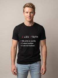 2 Lies, 1 Truth tee in Black — front [kk-studio]