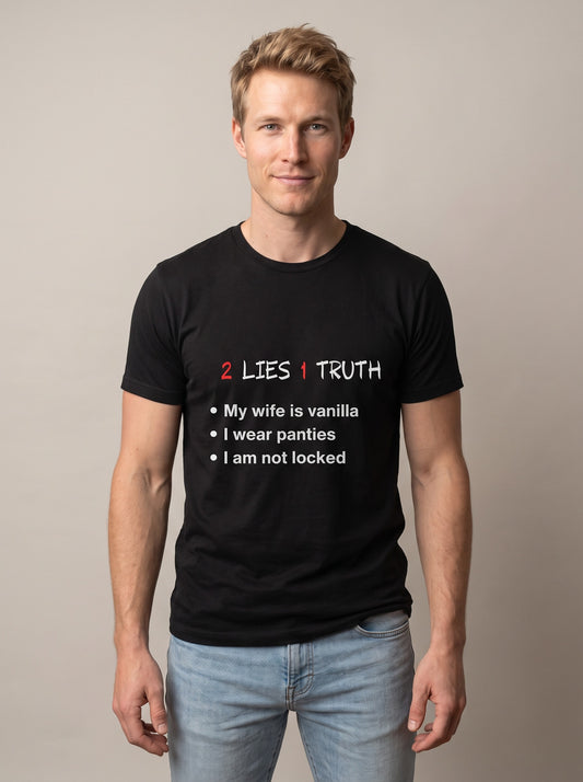 2 Lies, 1 Truth tee in Black — front [kk-studio]