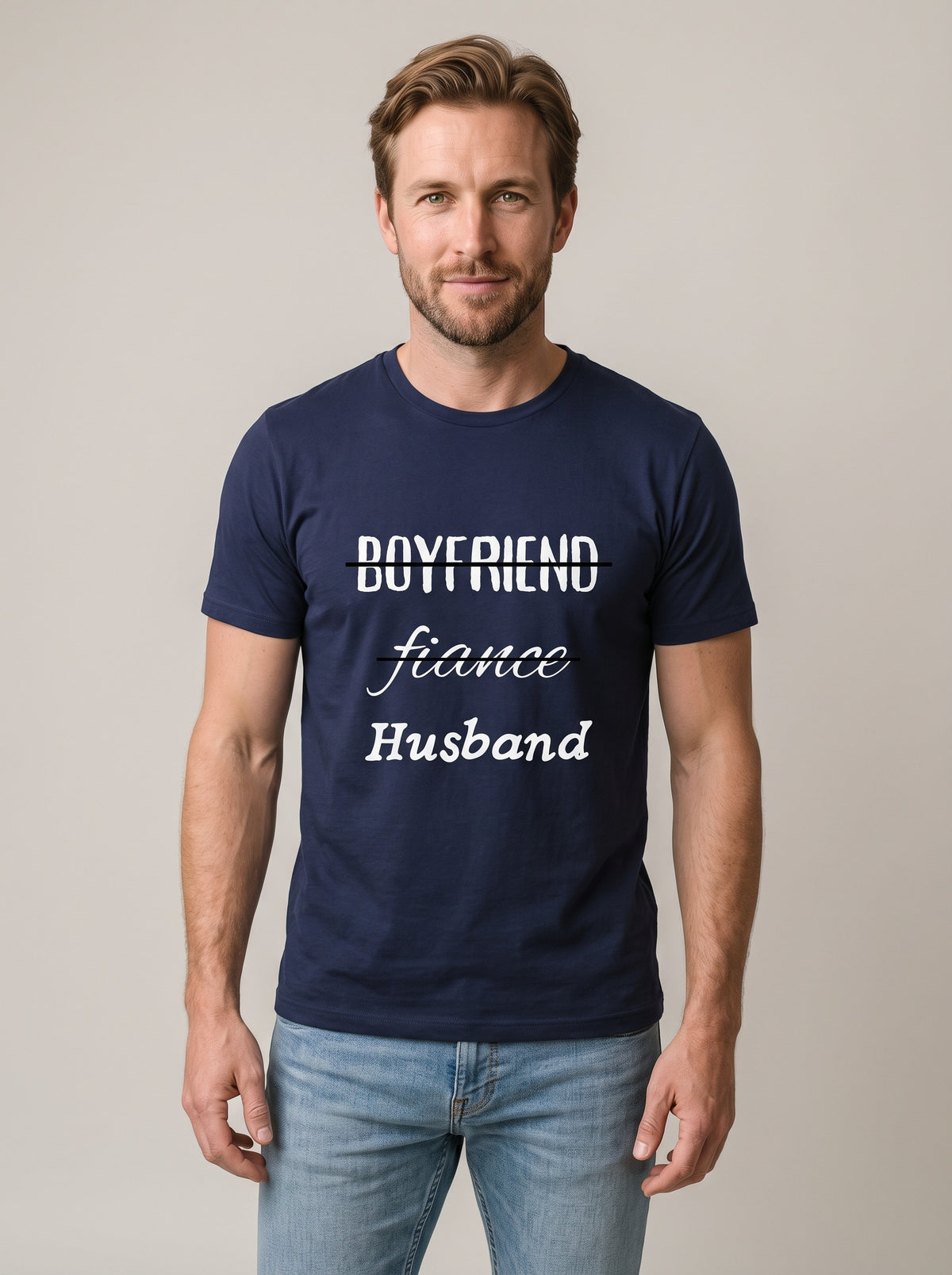 Boyfriend, Fiance, Husband tee in Navy — front [kk-studio]