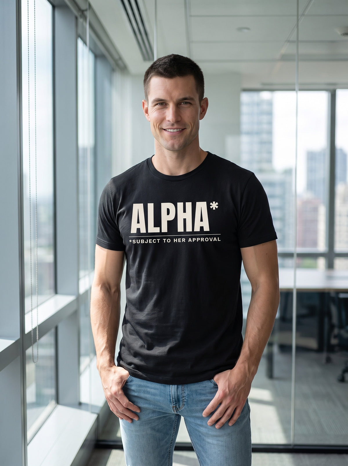 Alpha* (Subject to Her Approval) tee in Black — lifestyle [kk-studio]