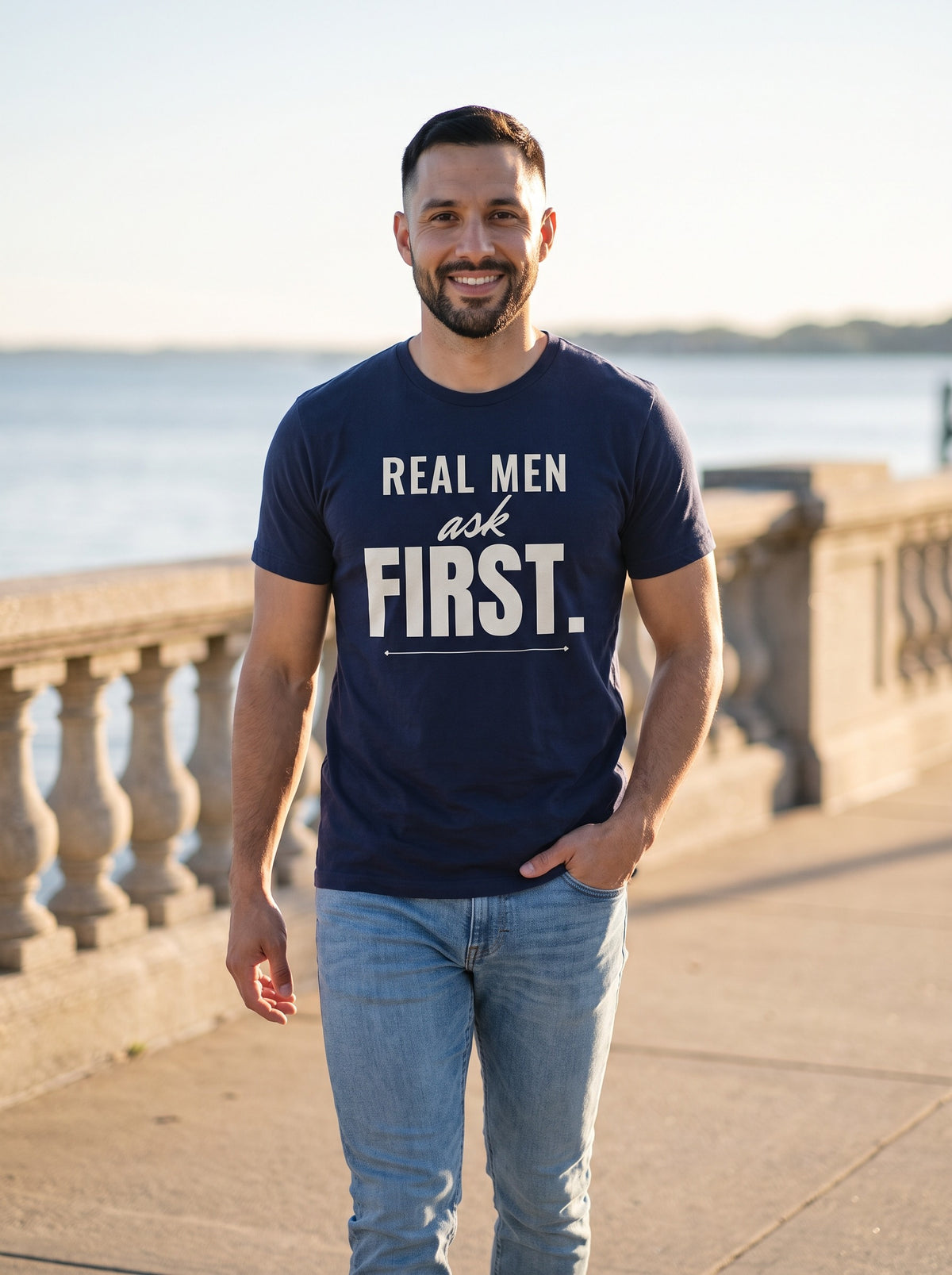 Real Men Ask First tee in Navy — lifestyle [kk-studio]