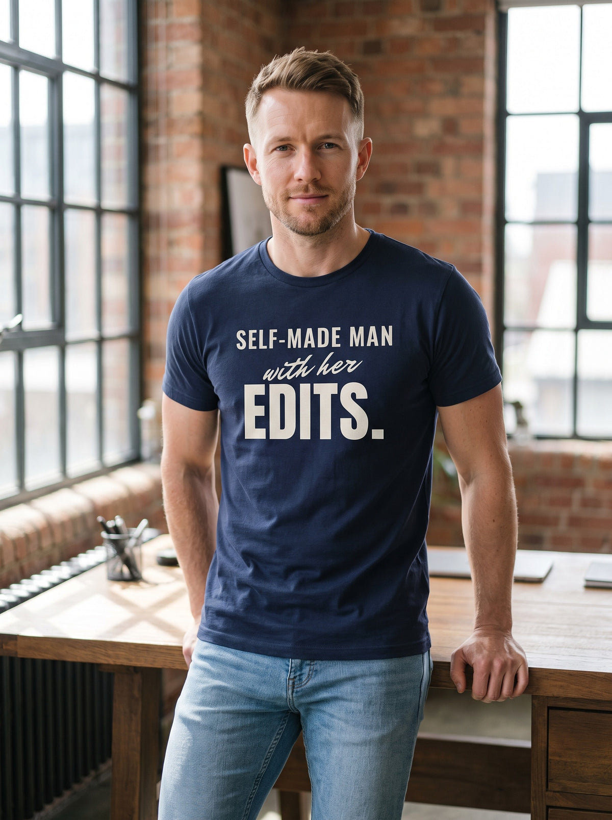 Self-Made Man With Her Edits tee in Navy — lifestyle [kk-studio]