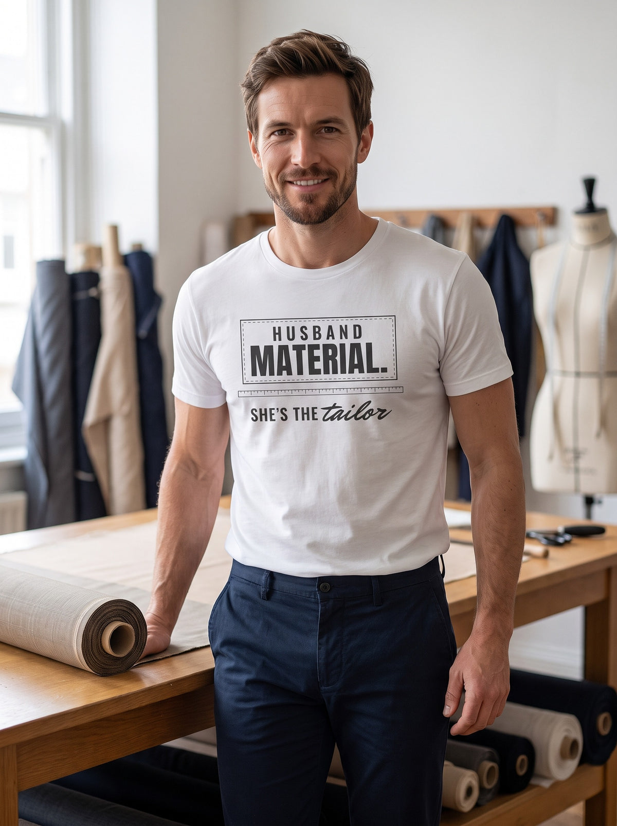 Husband Material. She's the Tailor. tee in White — lifestyle [kk-studio]