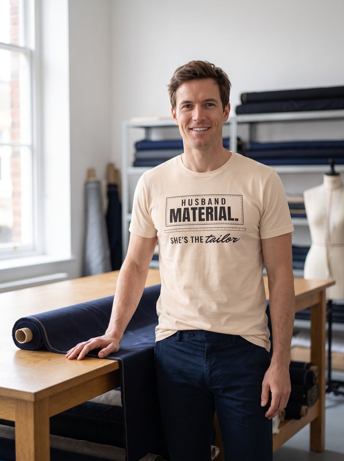 Husband Material. She's the Tailor. tee in Soft Cream — lifestyle [kk-studio]