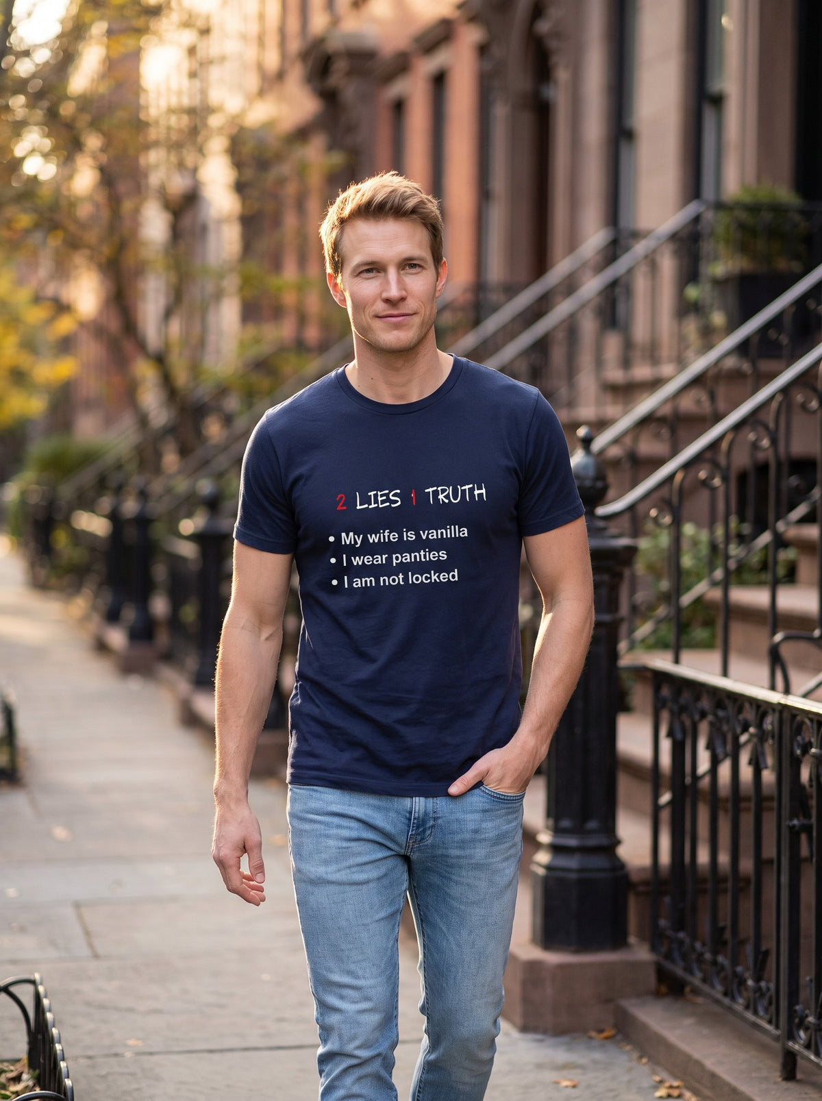 2 Lies, 1 Truth tee in Navy — lifestyle [kk-studio]