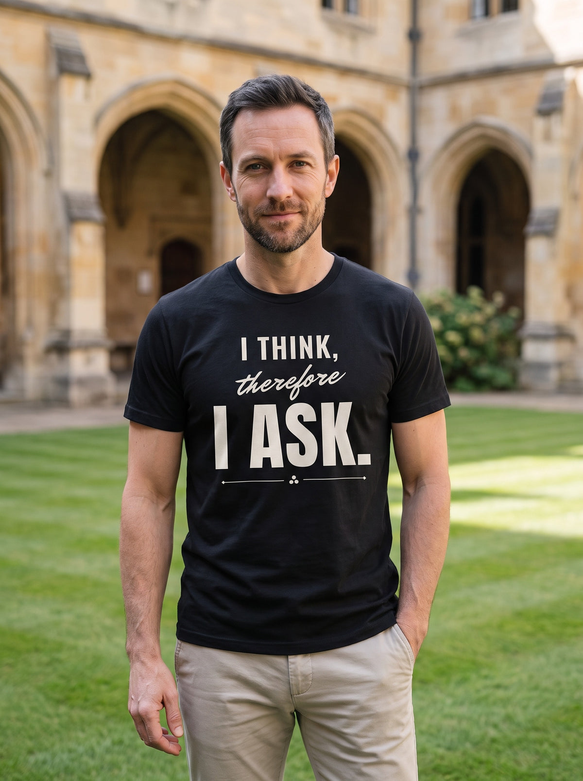 I Think, Therefore I Ask tee in Black — lifestyle [kk-studio]
