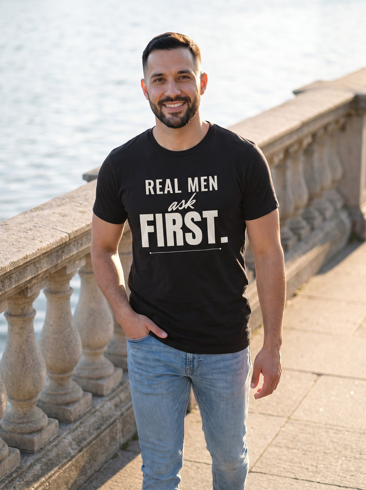 Real Men Ask First tee in Black — lifestyle [kk-studio]