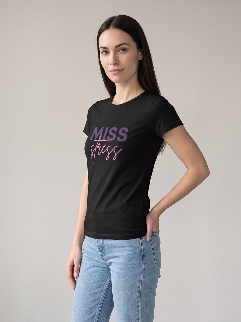 Miss Stress tee in Black — three-quarter view [kk-studio]