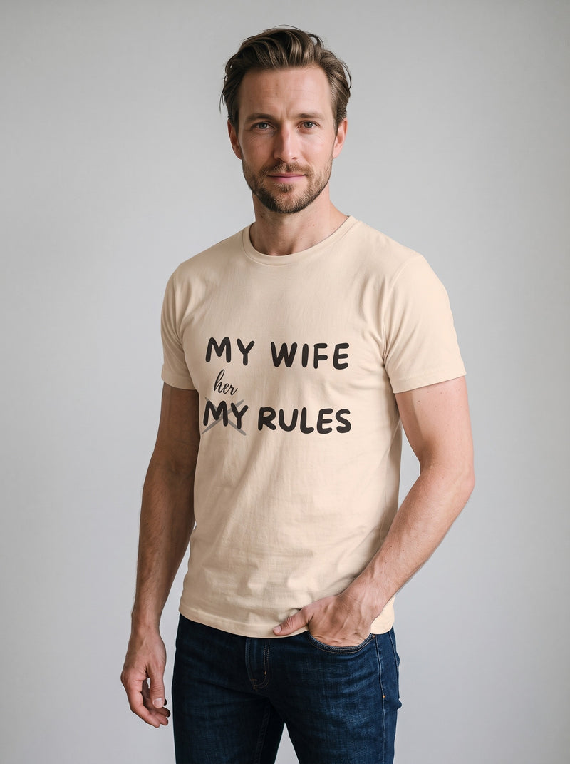 My Wife, Her Rules tee in Soft Cream — three-quarter view [kk-studio]