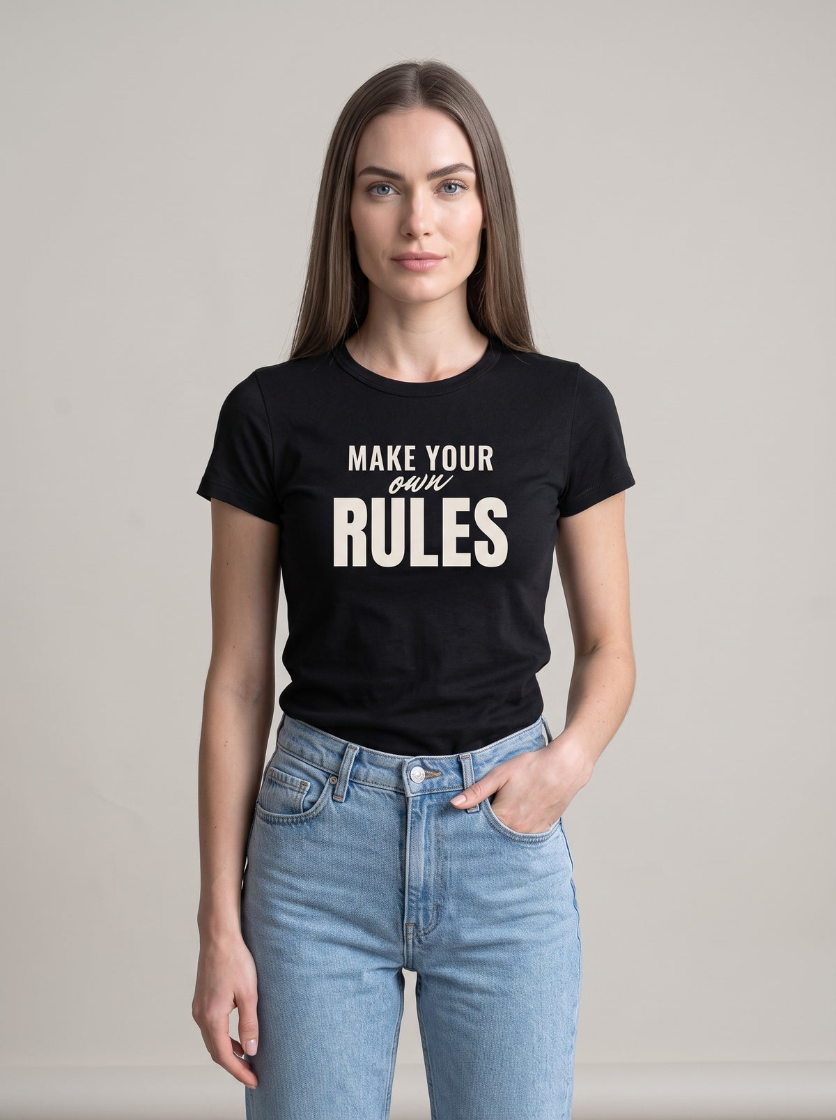 Make Your Own Rules tee in Black — three-quarter view [kk-studio]