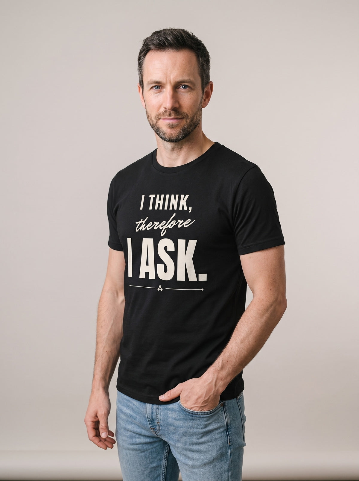 I Think, Therefore I Ask tee in Black — three-quarter view [kk-studio]