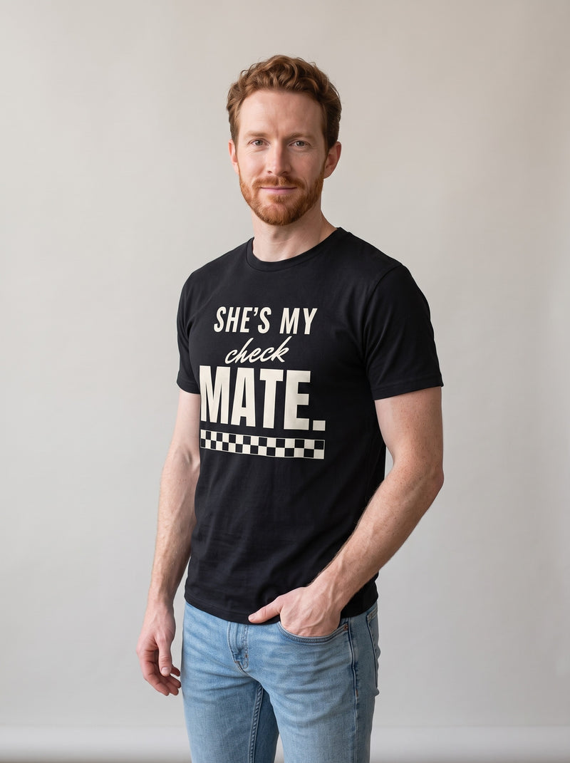 She's My Checkmate tee in Black — three-quarter view [kk-studio]