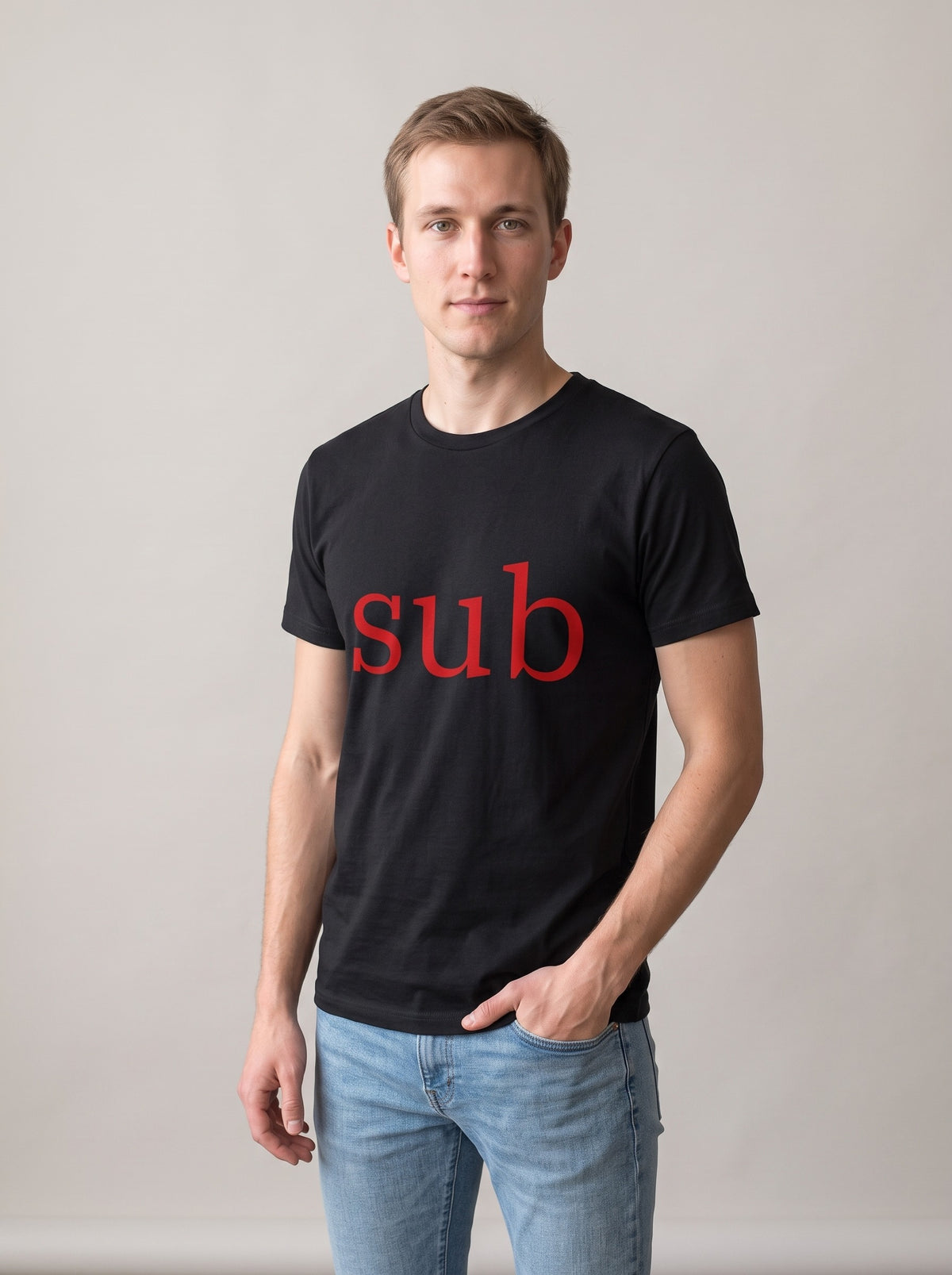 Sub tee in Black — three-quarter view [kk-studio]