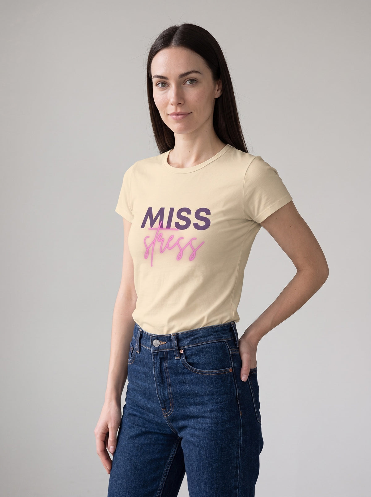 Miss Stress tee in Soft Cream — three-quarter view [kk-studio]