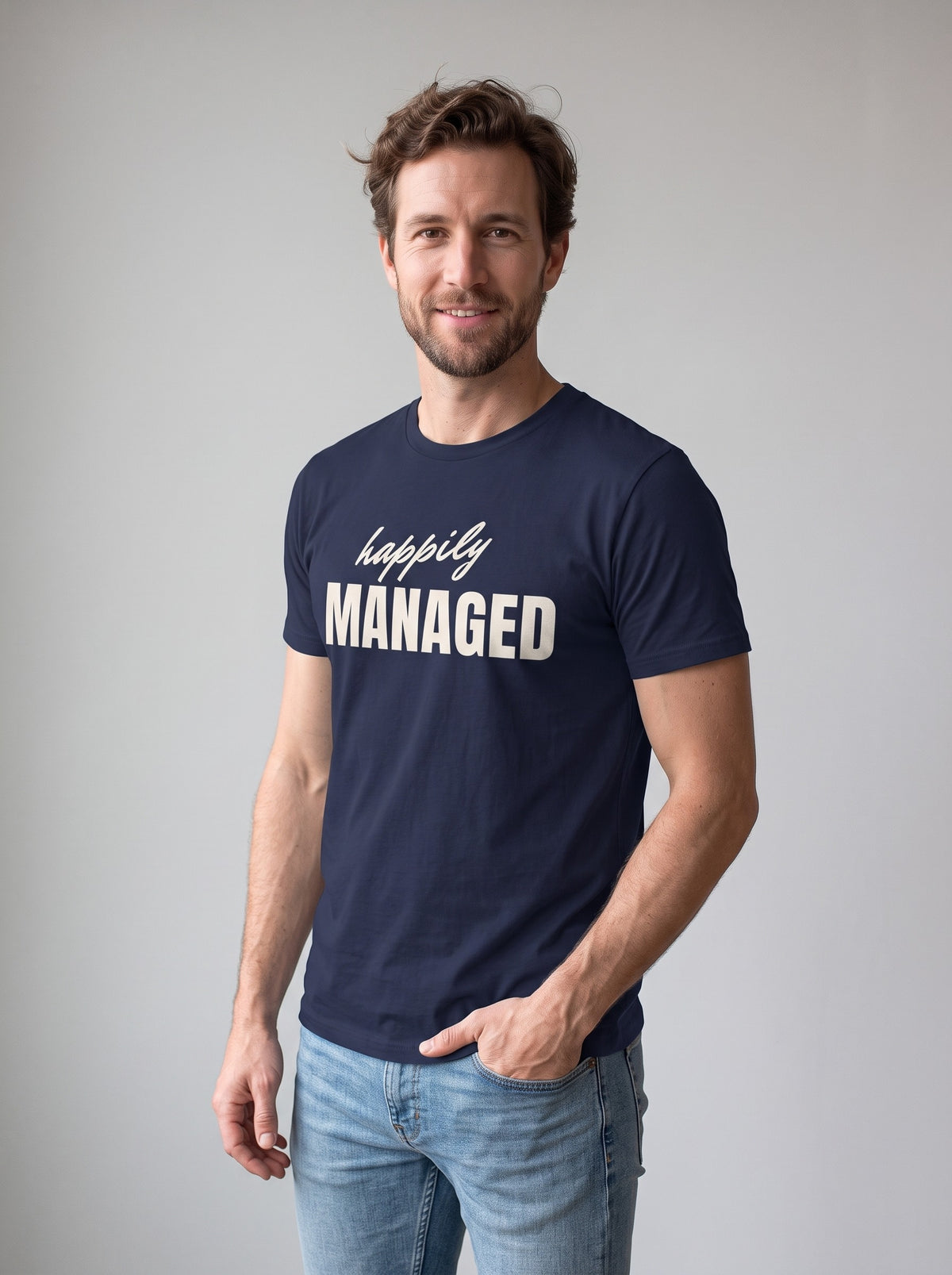 Happily Managed tee in Navy — three-quarter view [kk-studio]