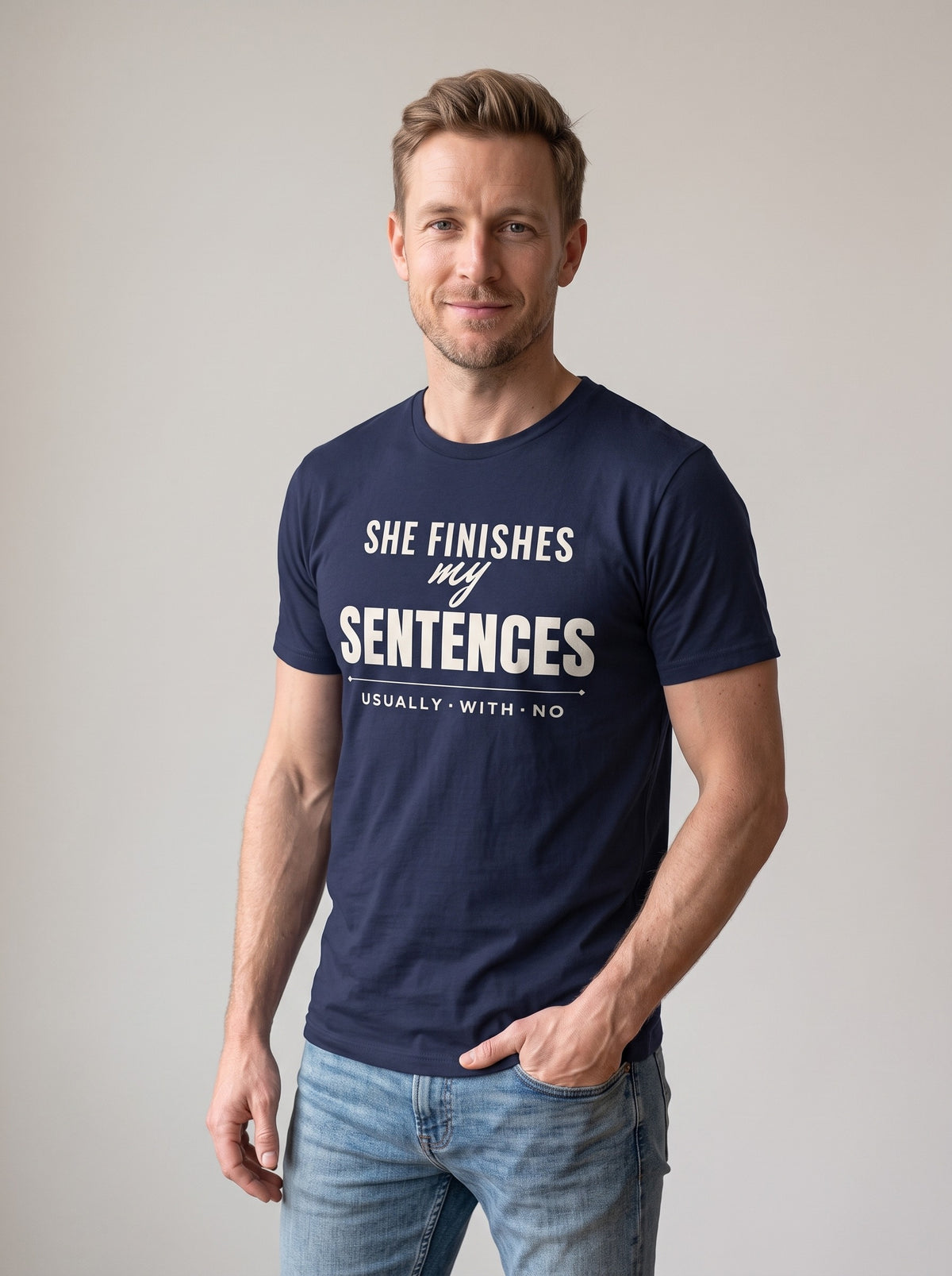 She Finishes My Sentences tee in Navy — three-quarter view [kk-studio]