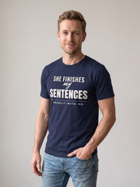 She Finishes My Sentences tee in Navy — three-quarter view [kk-studio]