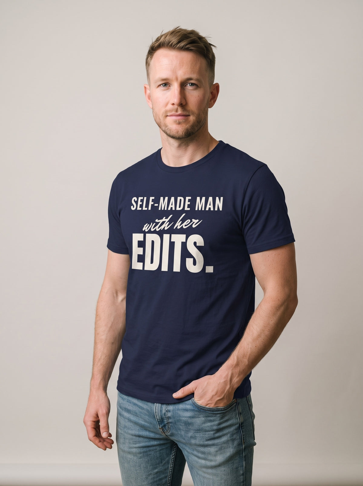 Self-Made Man With Her Edits tee in Navy — three-quarter view [kk-studio]