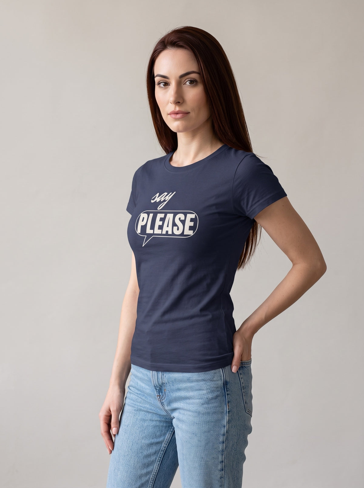Say Please tee in Navy — three-quarter view [kk-studio]