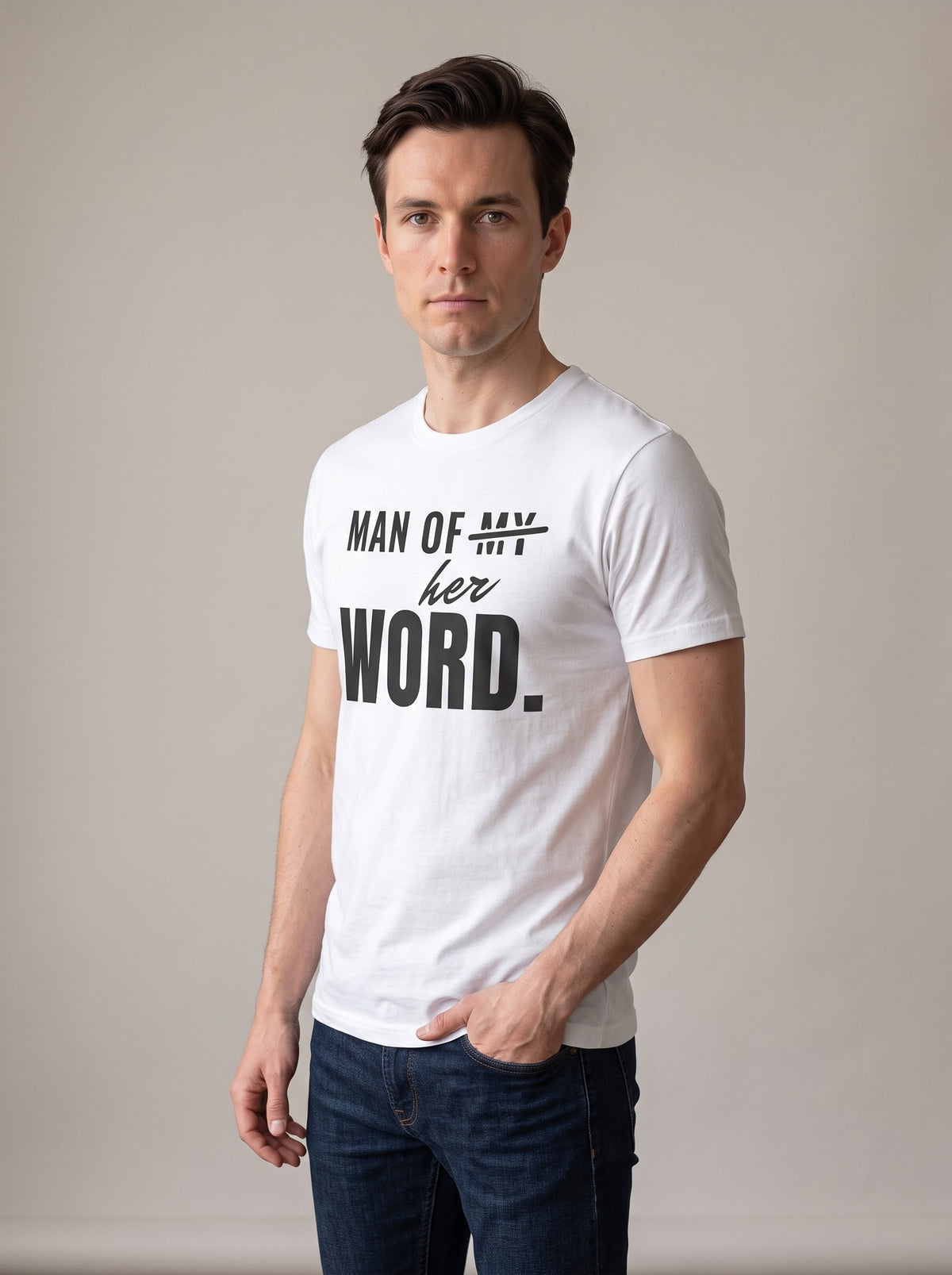 Man of Her Word tee in White — three-quarter view [kk-studio]