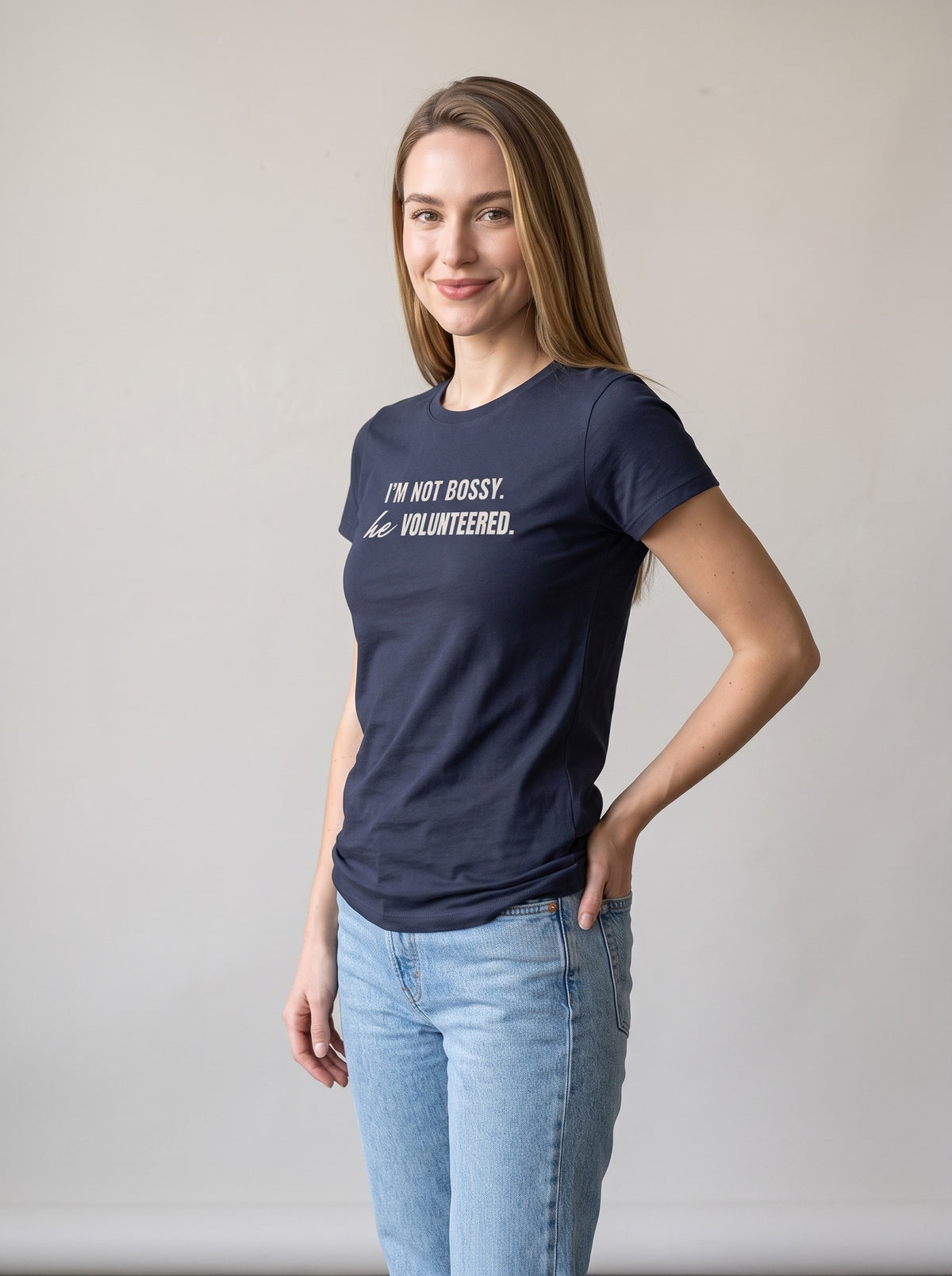 I'm Not Bossy. He Volunteered. tee in Navy — three-quarter view [kk-studio]