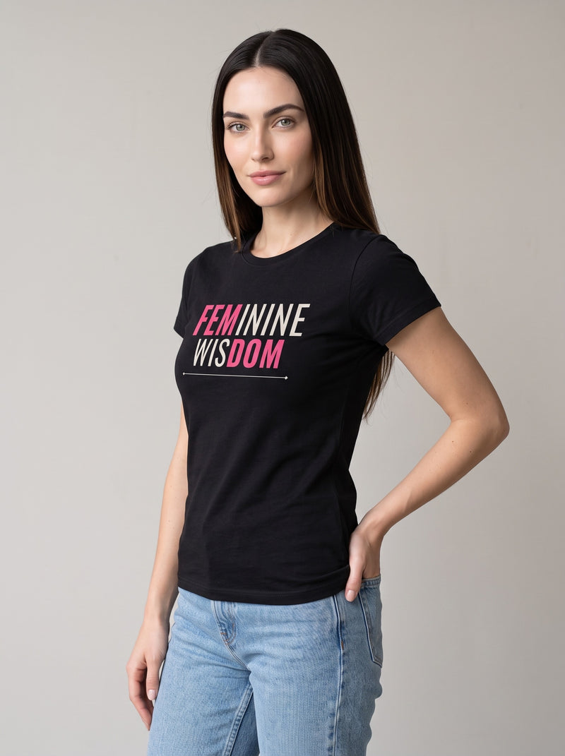 Feminine Wisdom tee in Black — three-quarter view [kk-studio]