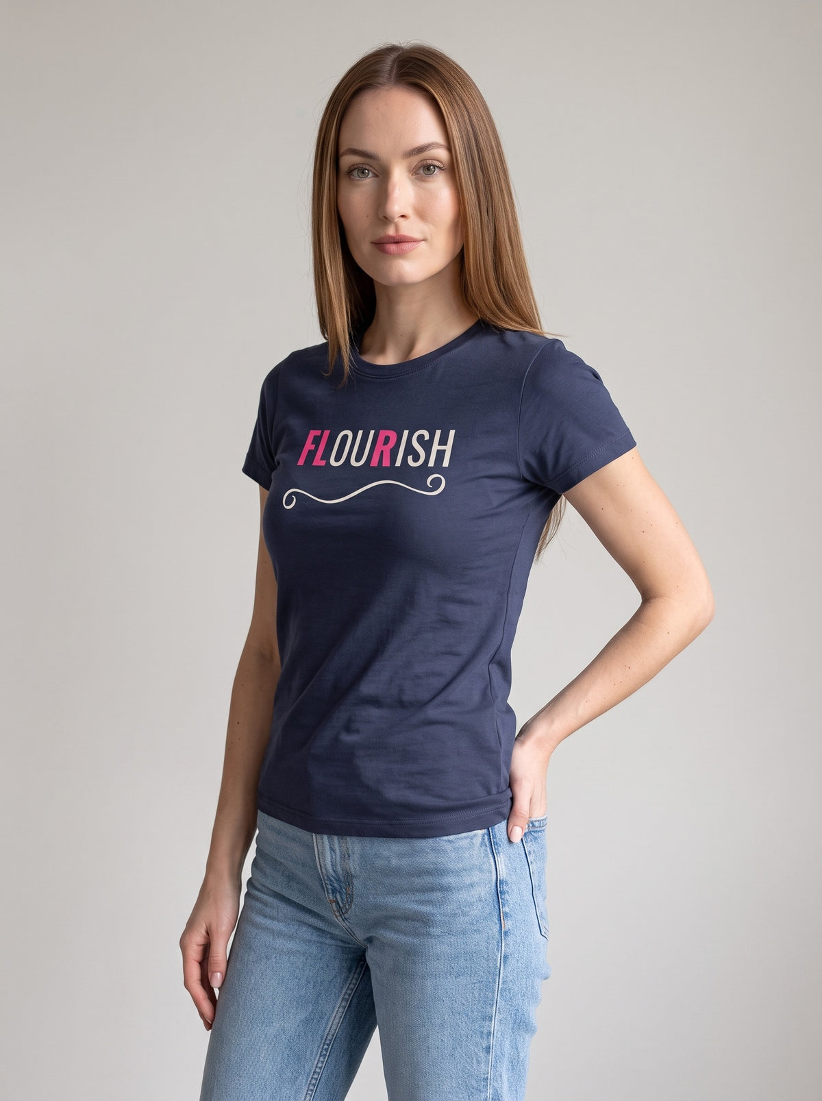 Flourish tee in Navy — three-quarter view [kk-studio]