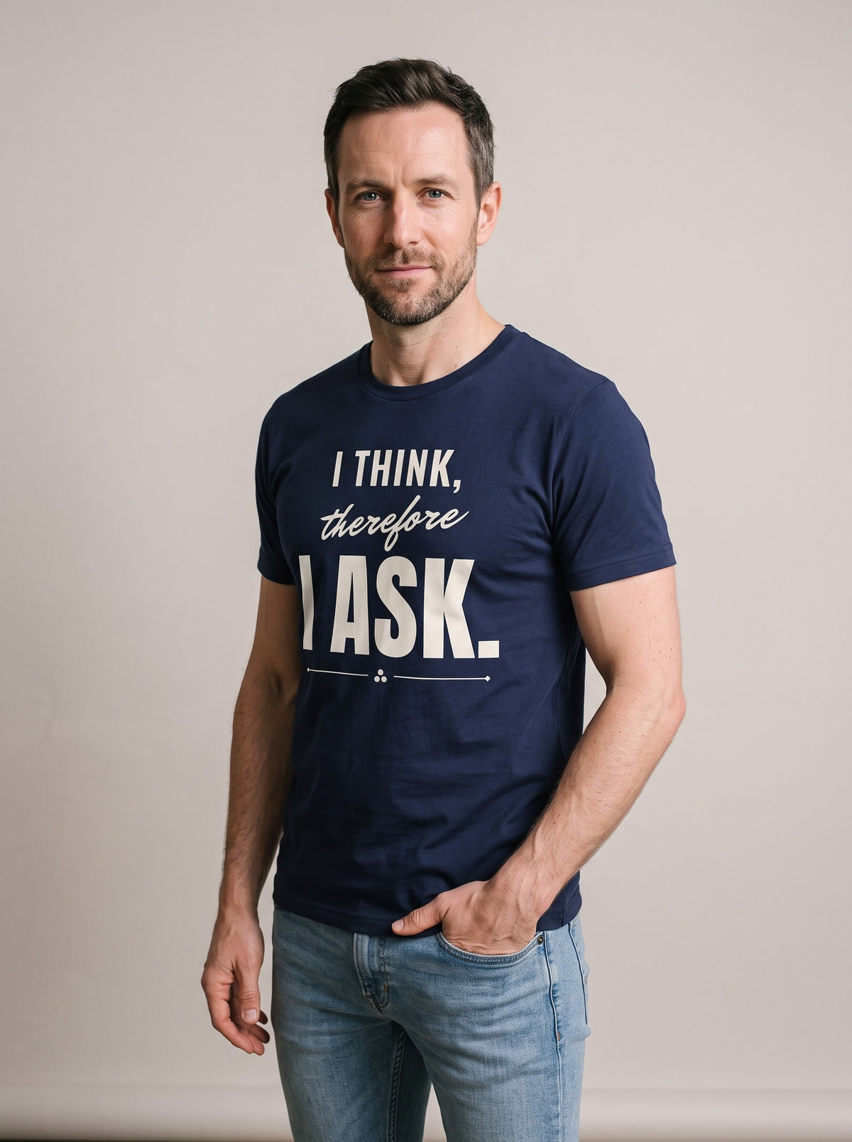 I Think, Therefore I Ask tee in Navy — three-quarter view [kk-studio]