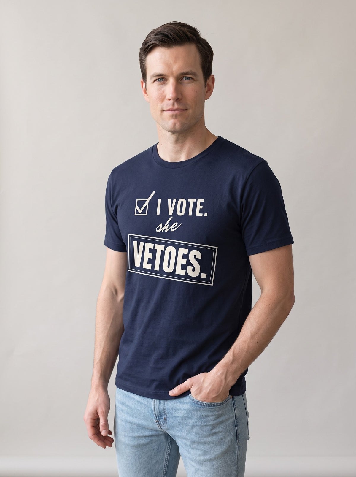I Vote. She Vetoes. tee in Navy — three-quarter view [kk-studio]