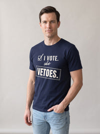 I Vote. She Vetoes. tee in Navy — three-quarter view [kk-studio]