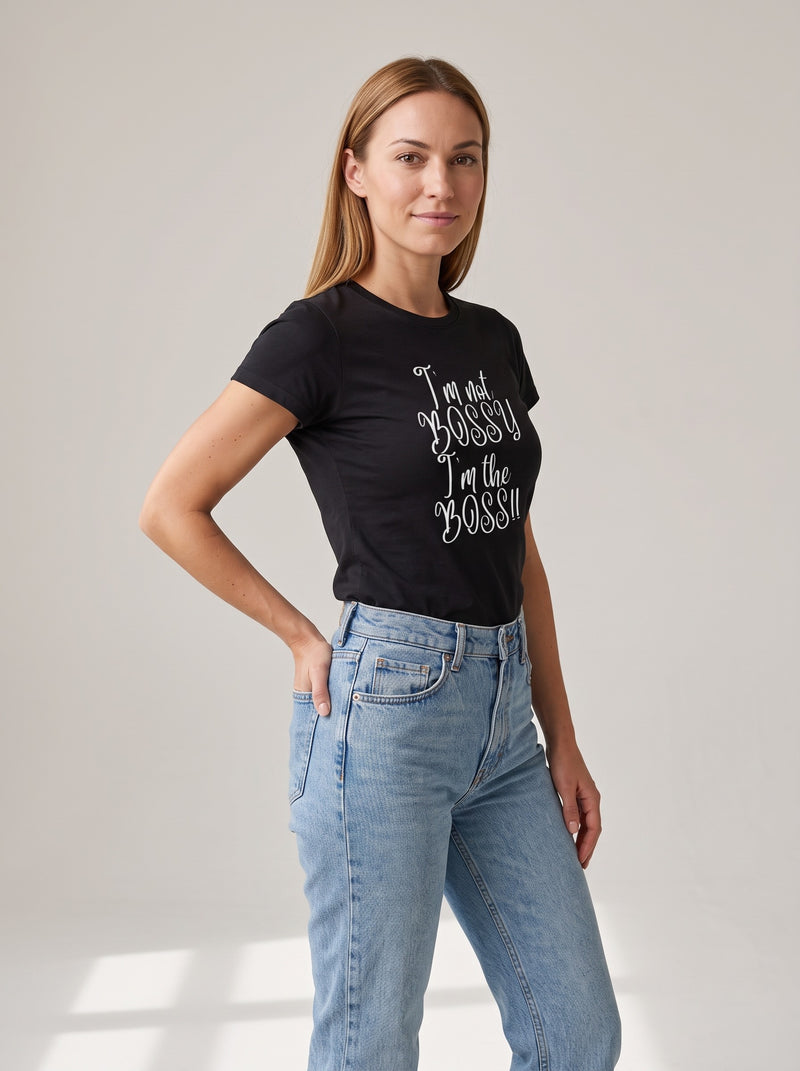I Am the Boss tee in Black — three-quarter view [kk-studio]