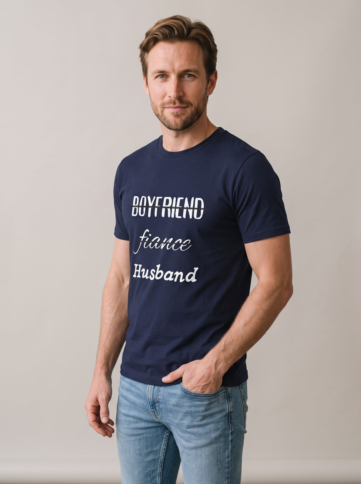 Boyfriend, Fiance, Husband tee in Navy — three-quarter view [kk-studio]