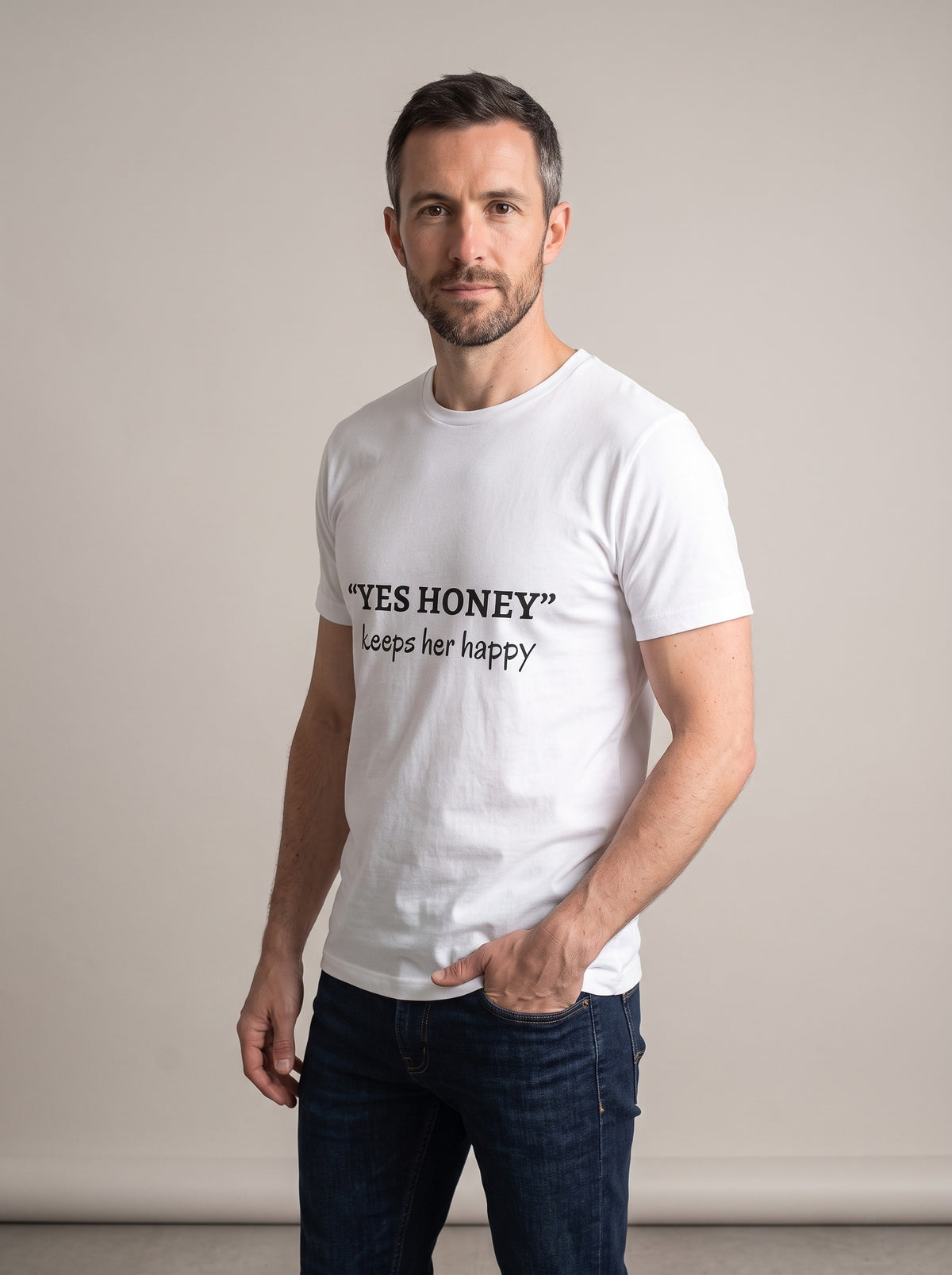 Yes Honey tee in White — three-quarter view [kk-studio]