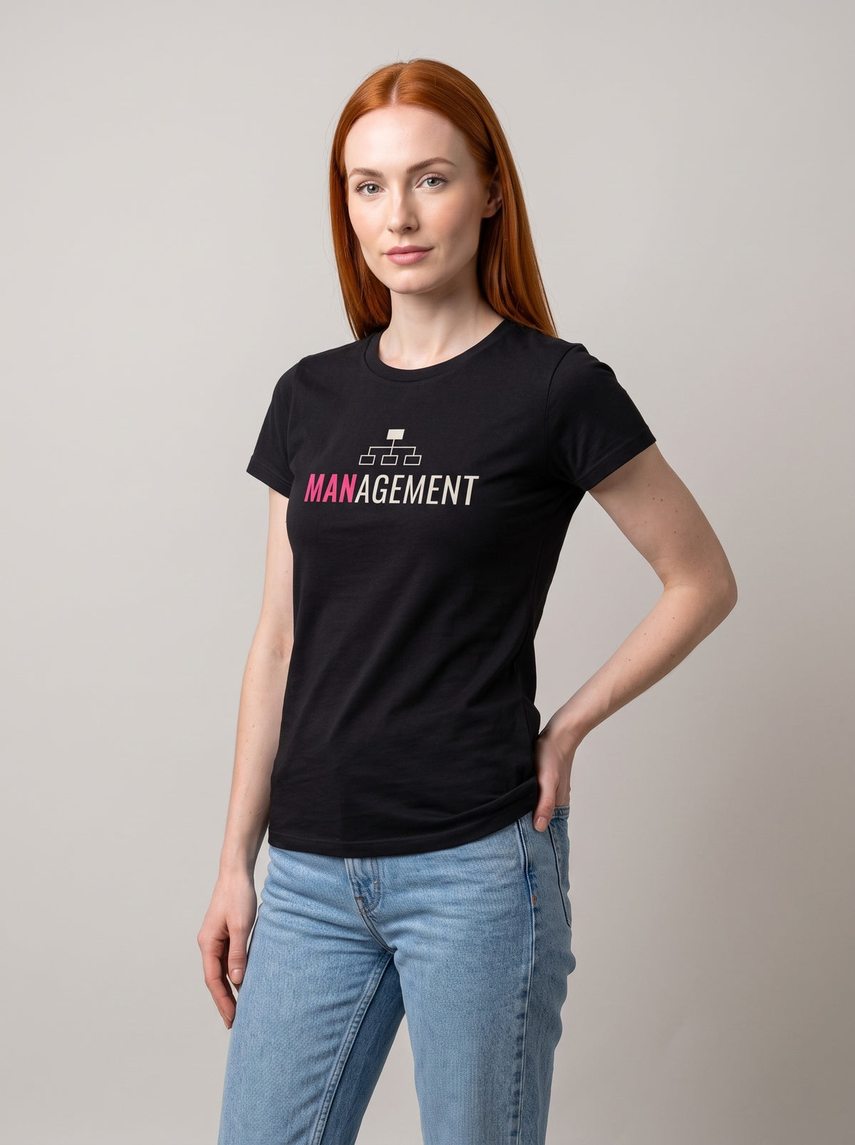 Management tee in Black — three-quarter view [kk-studio]
