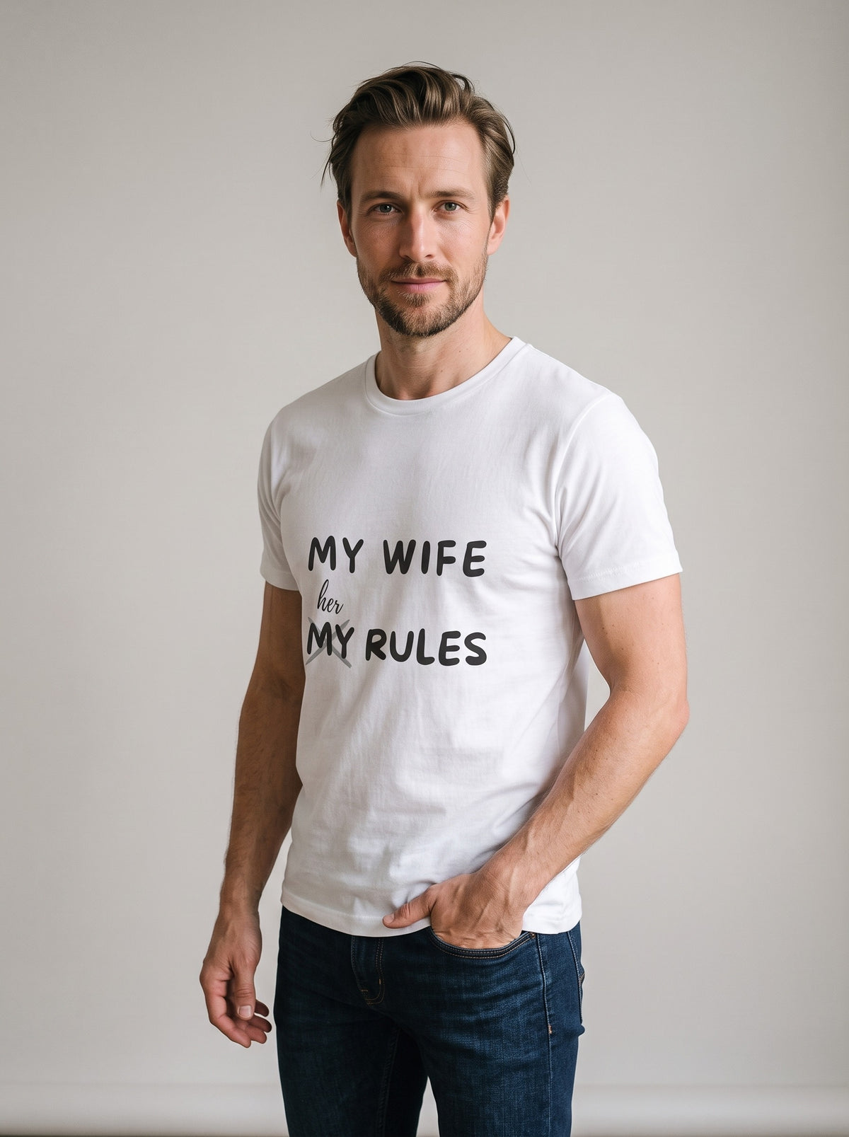 My Wife, Her Rules tee in White — three-quarter view [kk-studio]