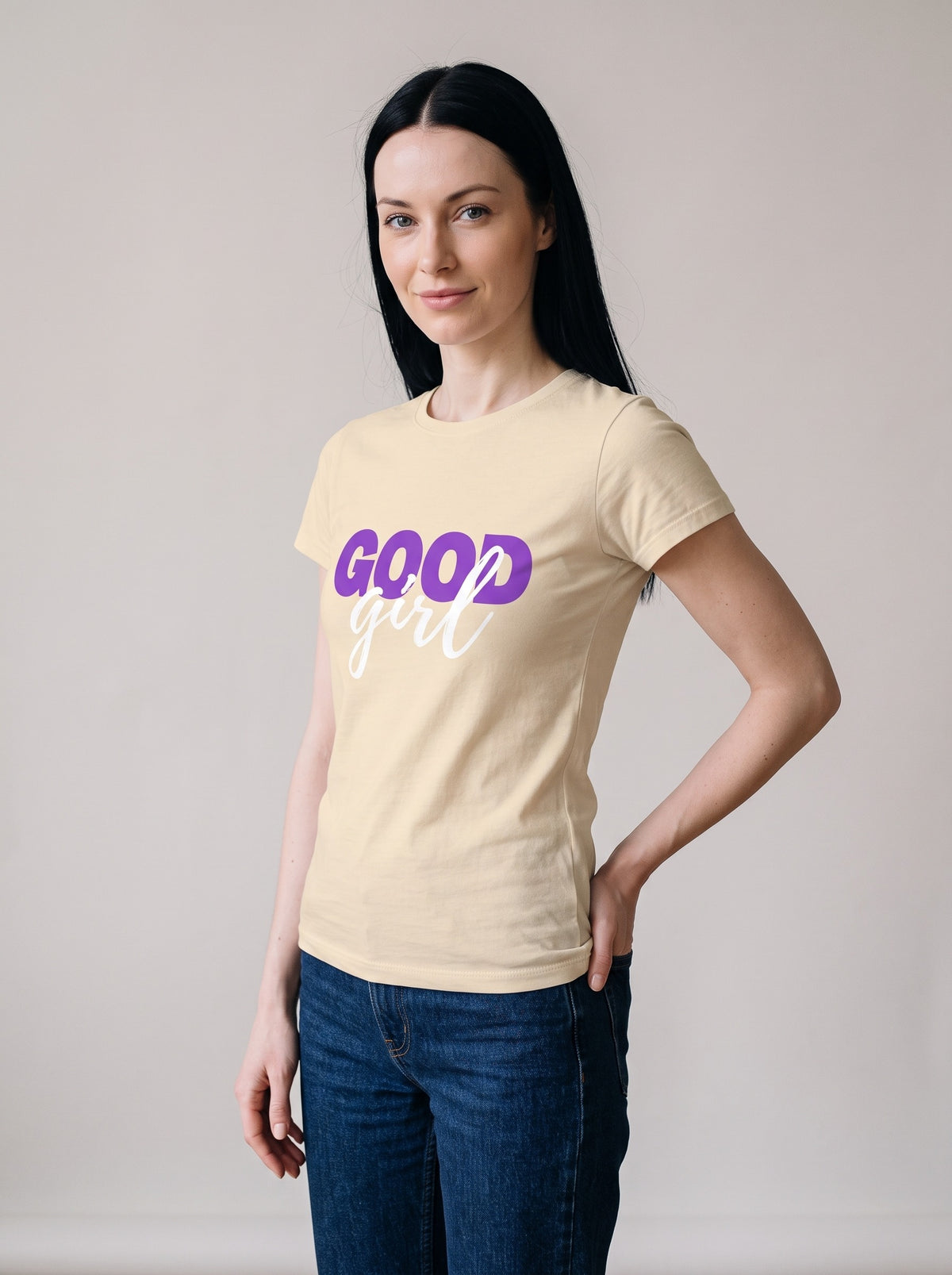 Good Girl tee in Soft Cream — three-quarter view [kk-studio]
