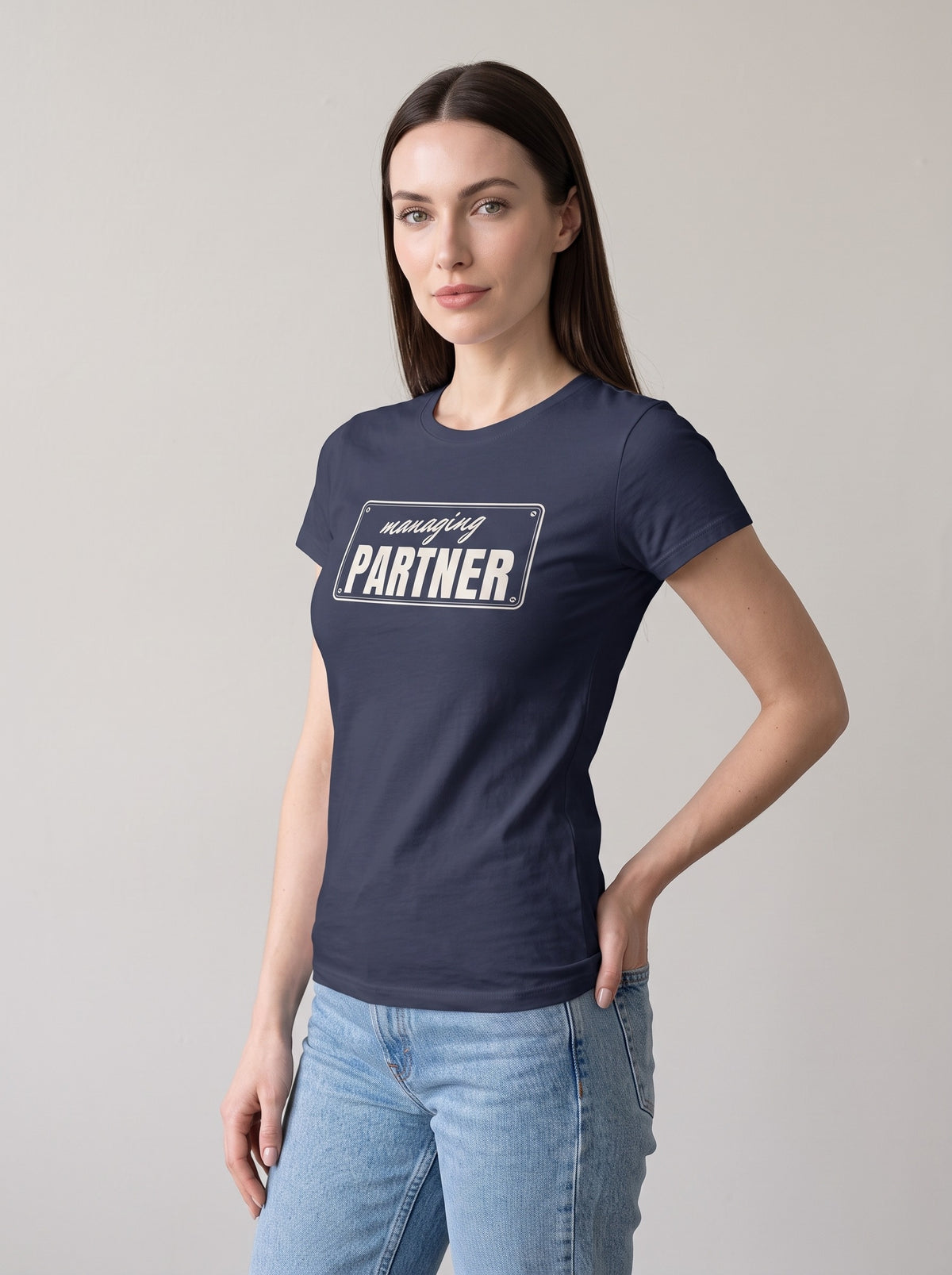 Managing Partner tee in Navy — three-quarter view [kk-studio]