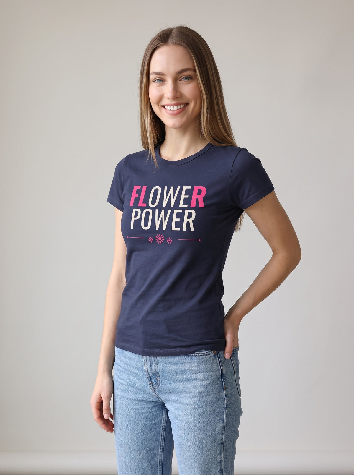 Flower Power tee in Navy — three-quarter view [kk-studio]