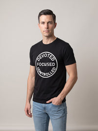 Devoted, Focused, Controlled tee in Black — three-quarter view [kk-studio]
