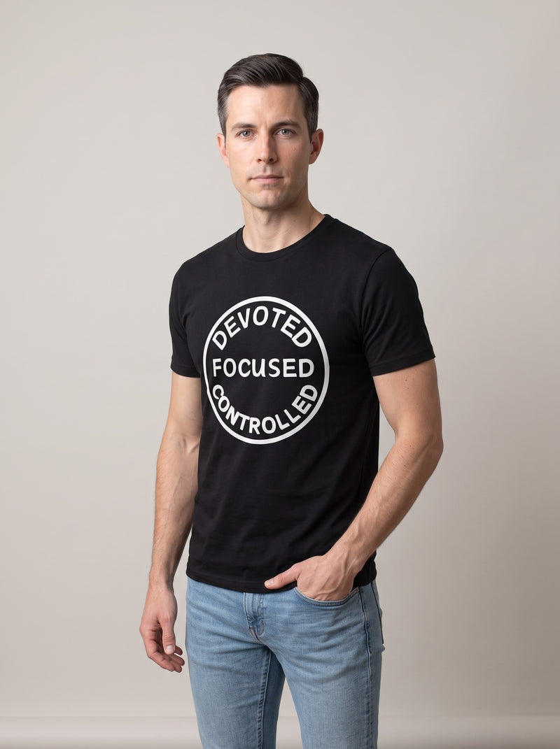 Devoted, Focused, Controlled tee in Black — three-quarter view [kk-studio]