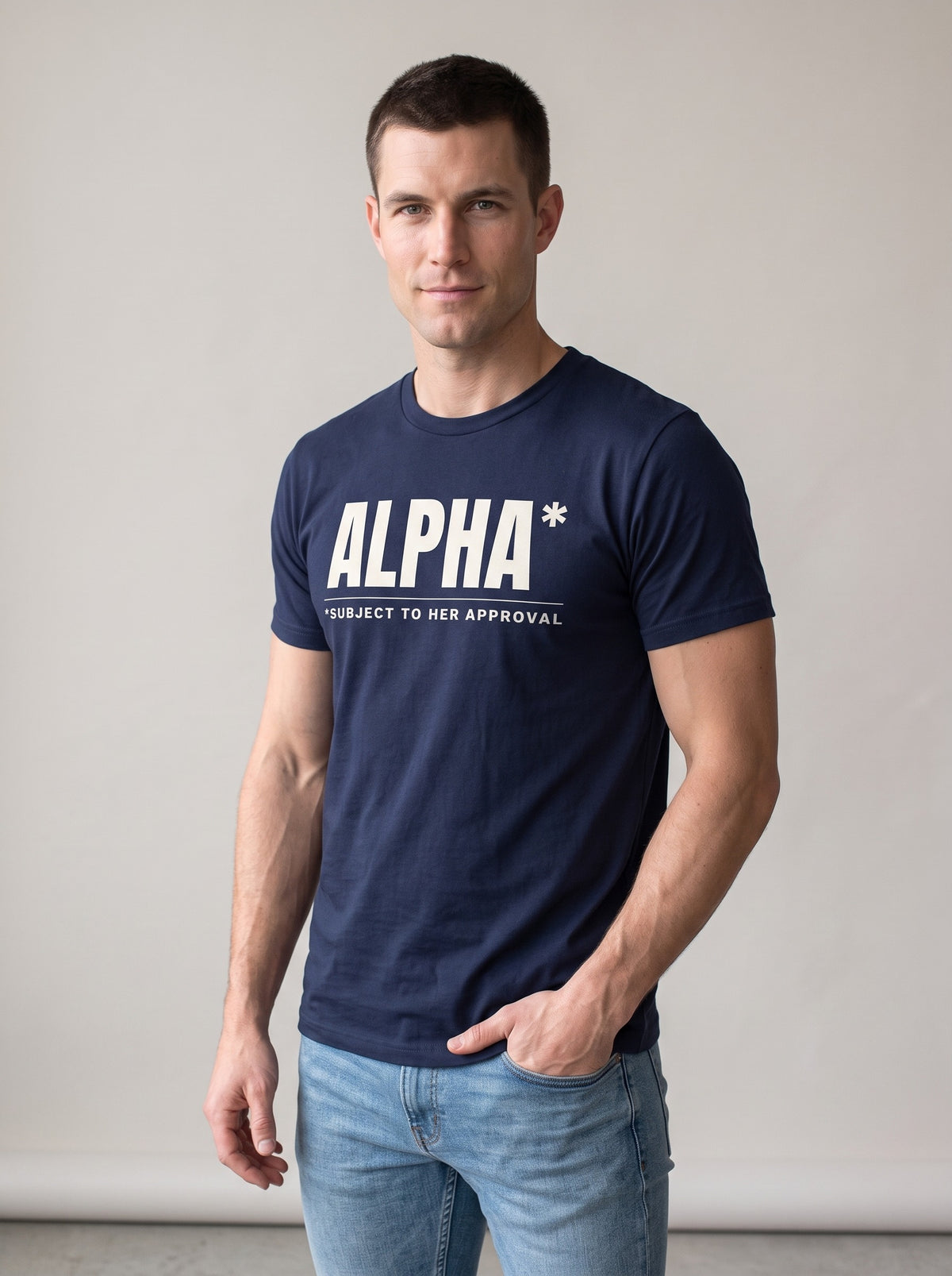 Alpha* (Subject to Her Approval) tee in Navy — three-quarter view [kk-studio]