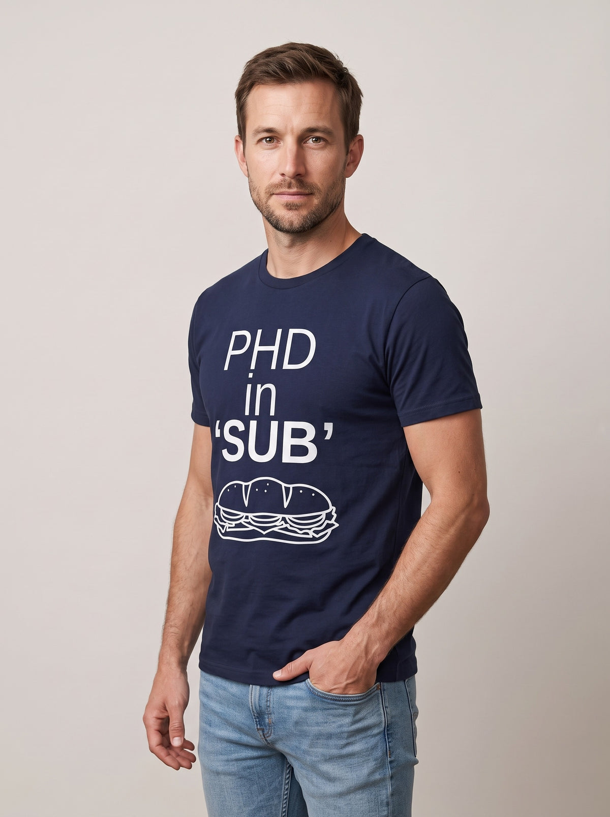 PhD in Sub tee in Navy — three-quarter view [kk-studio]