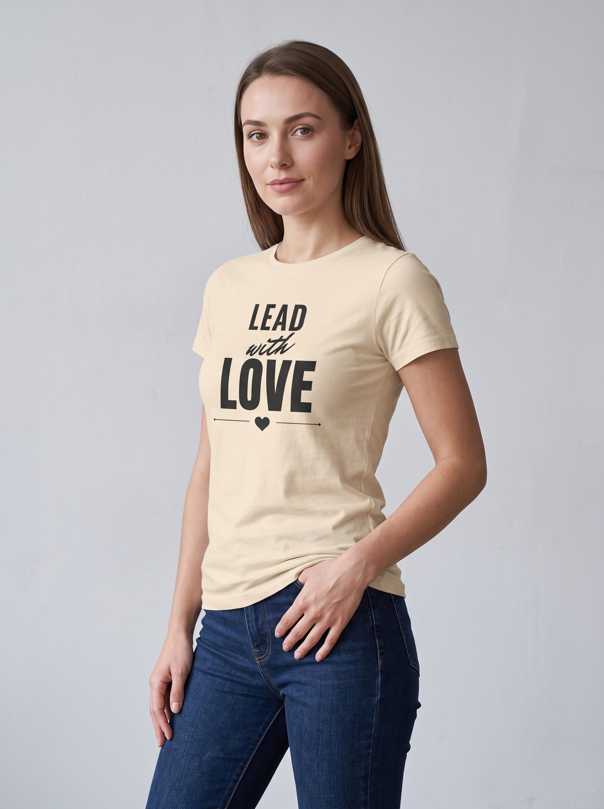 Lead With Love tee in Soft Cream — three-quarter view [kk-studio]