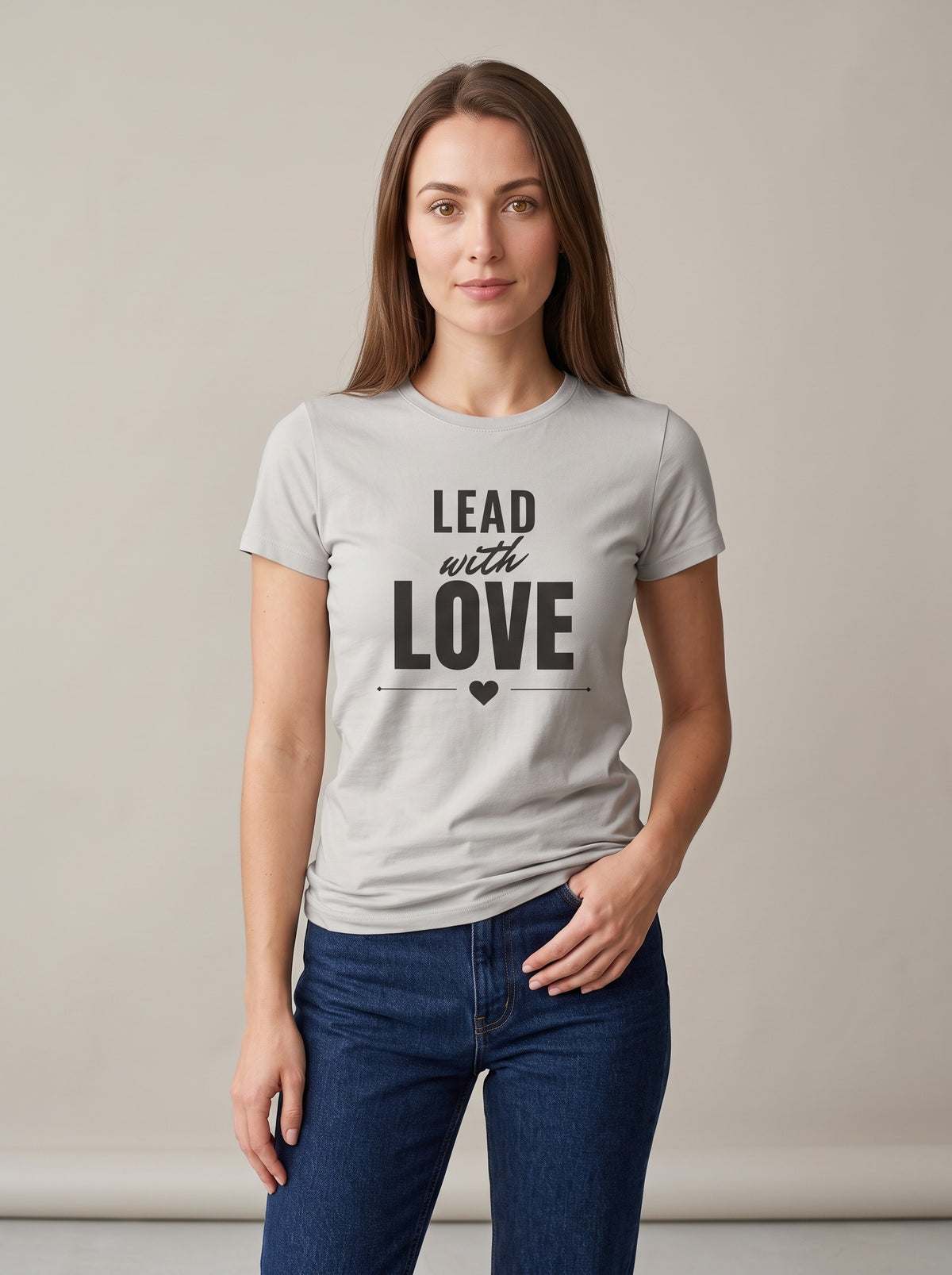 Lead With Love tee in Silver — three-quarter view [kk-studio]