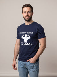 Submission Makes Me Stronger tee in Navy — three-quarter view [kk-studio]