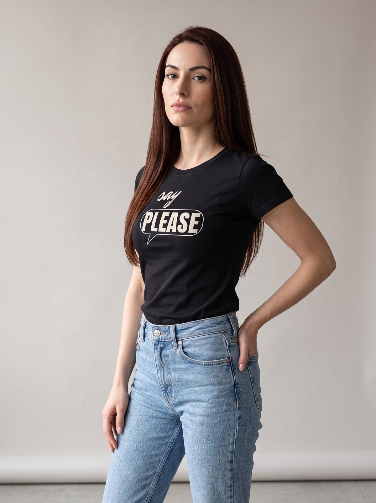 Say Please tee in Black — three-quarter view [kk-studio]