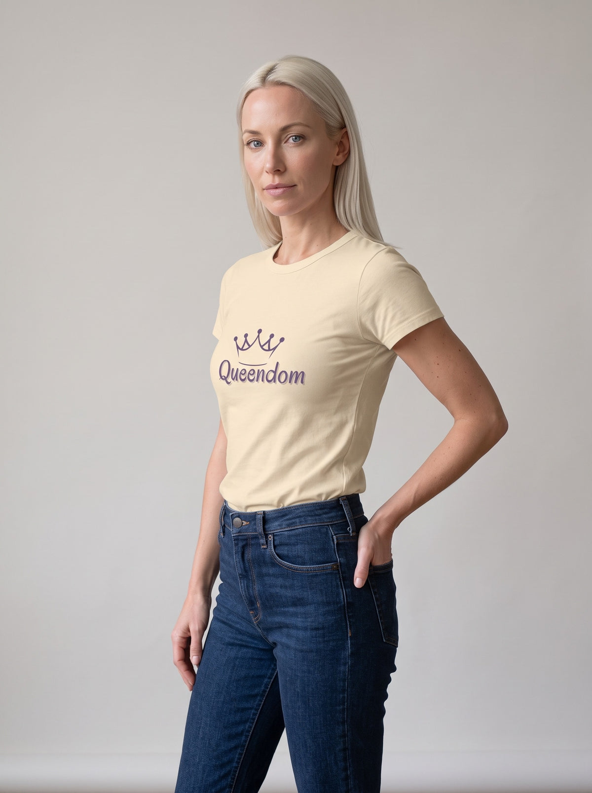 Queendom tee in Soft Cream — three-quarter view [kk-studio]